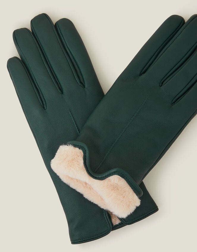 Faux Fur Lined Leather Gloves, Green (GREEN), large