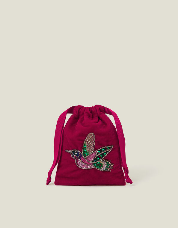 Embroidered Hummingbird Velvet Drawstring Bag, , large