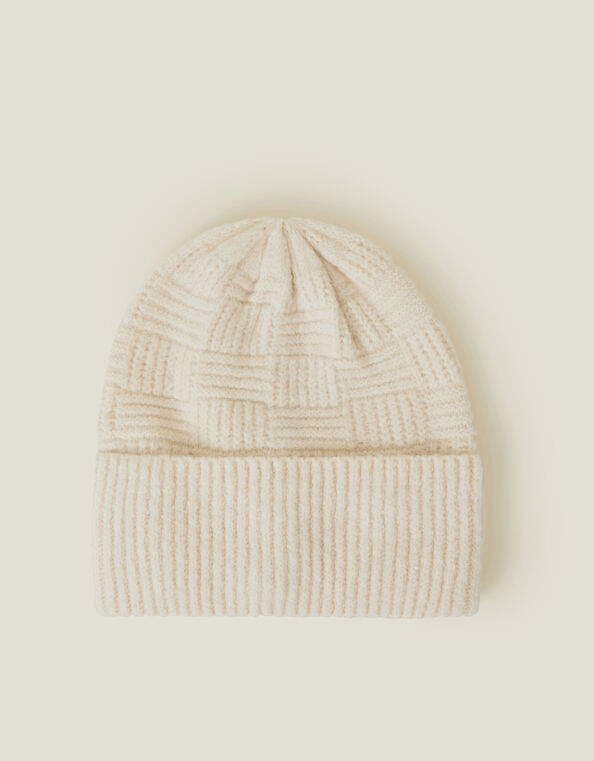 Knitted Rib Check Beanie Hat, Natural (NATURAL), large