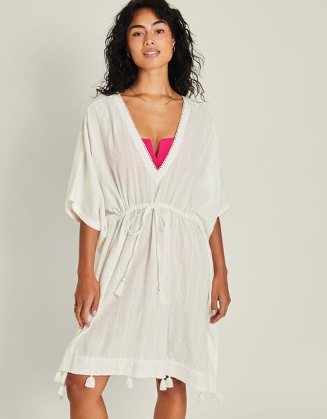 Glitter Stripe Beach Kaftan Dress, White (WHITE), large