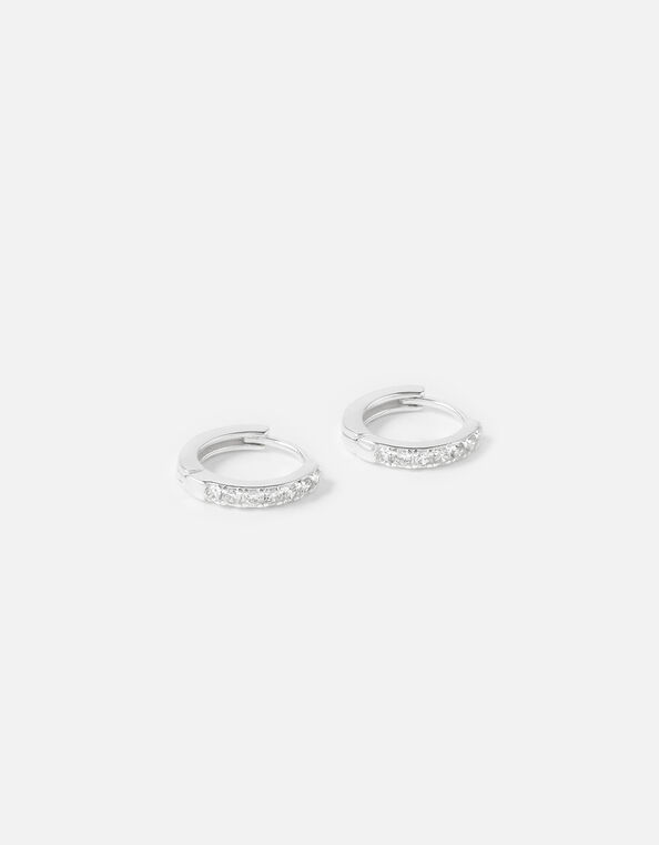 Sterling Silver Pave Mini Huggie Hoops, , large