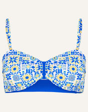 Retro Tile Print Bandeau Bikini Top, Blue (BLUE), large