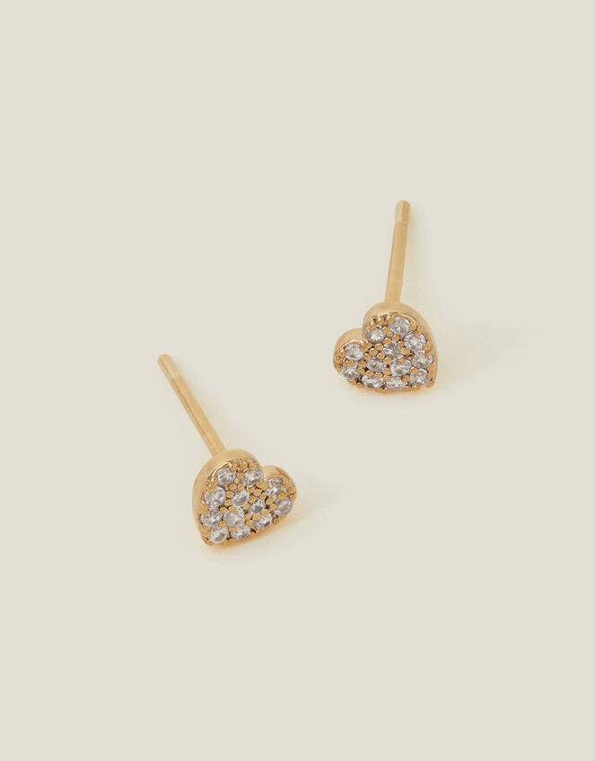 14ct Gold-Plated Diamante Heart Stud Earrings, , large