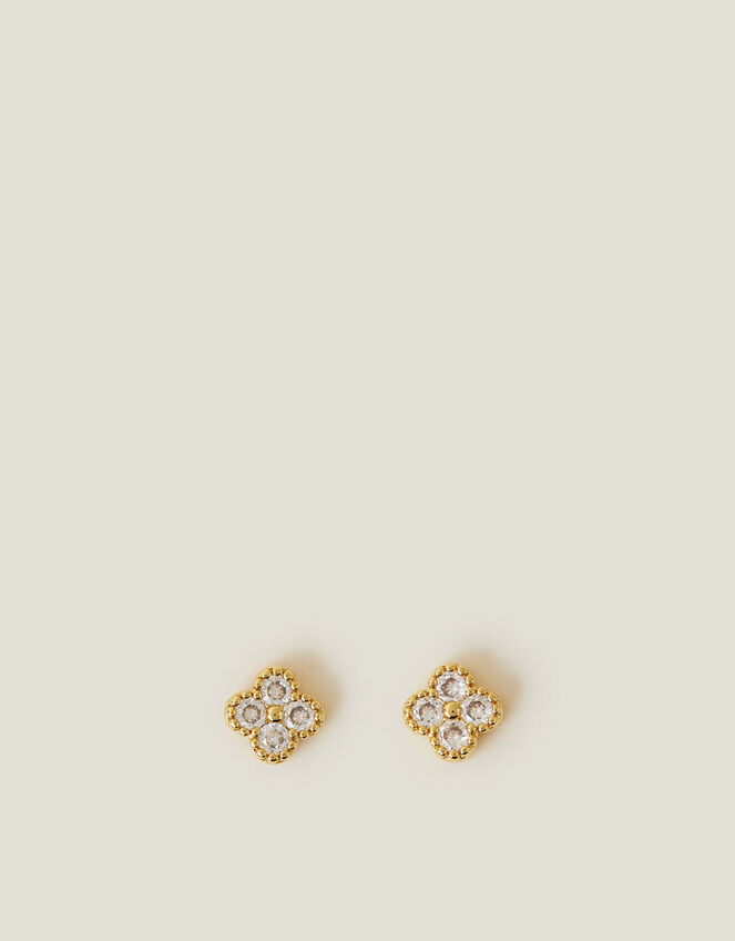 14ct Gold-Plated Diamante Flower Stud Earrings, , large