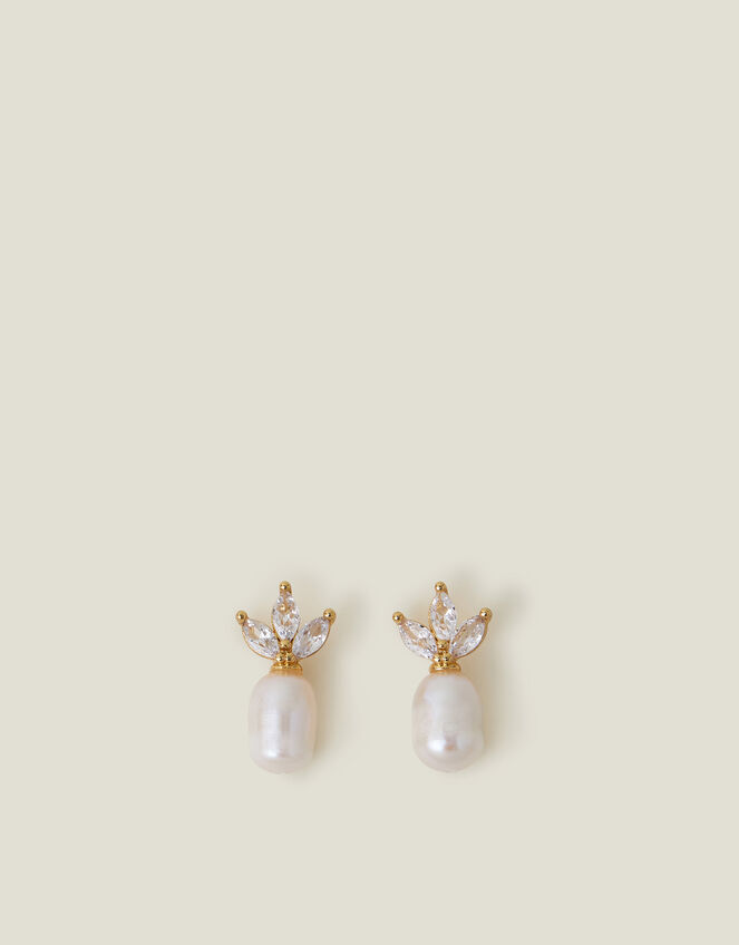 14ct Gold-Plated Diamante Pearl Drop Earrings, , large