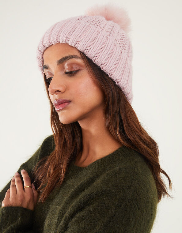 Chunky Knit Pom-Pom Beanie, Pink (PINK), large