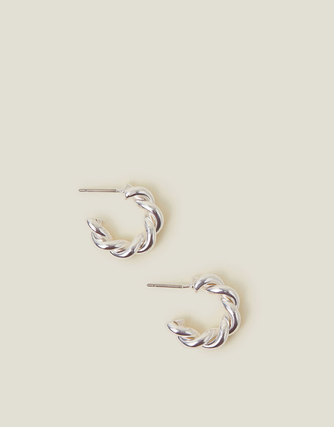 Sterling Silver-Plated Small Twist Hoop Earrings, , large