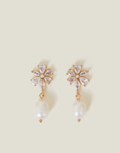 Crystal Flower Pearl Drop Earrings, , large