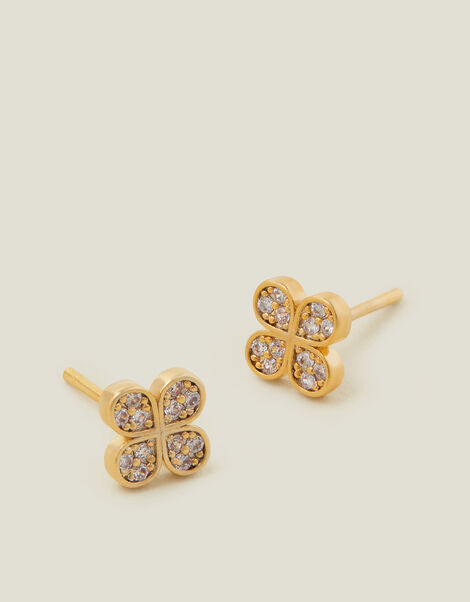14ct Gold-Plated Sparkle Flower Stud Earrings, , large