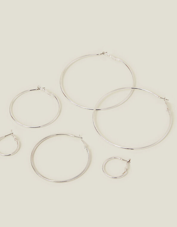 Simple Hoop Earrings Set of Three, Silver (SILVER), large