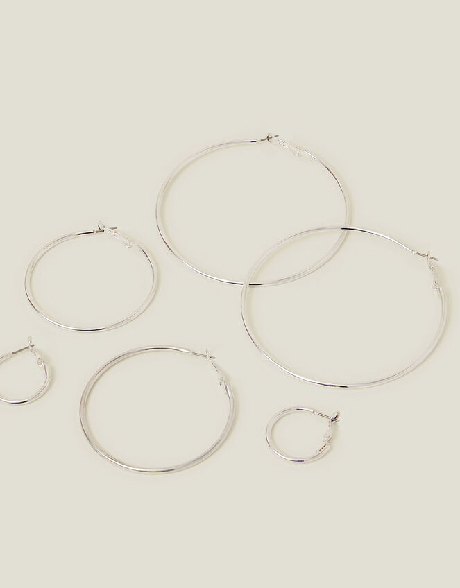 Simple Hoop Earrings Set of Three, Silver (SILVER), large