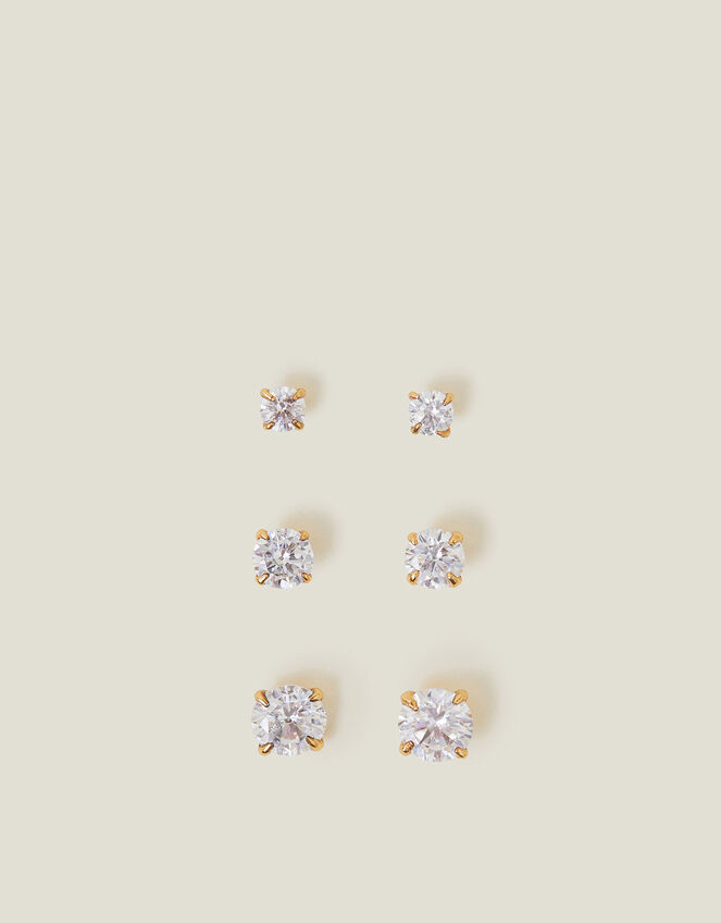 3-Pack 14ct Gold-Plated Crystal Stud Earrings, , large