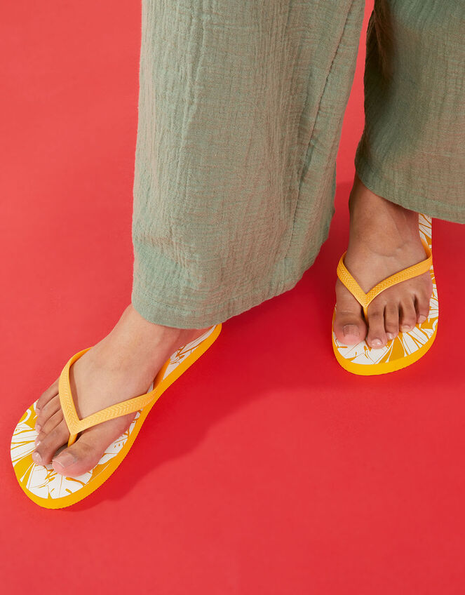 Tropical Leaf Print Flip Flops, Yellow (YELLOW), large