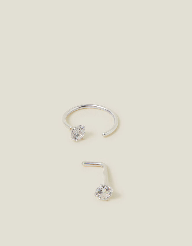 Sterling Silver Diamante Nose Stud and Hoop Set, , large