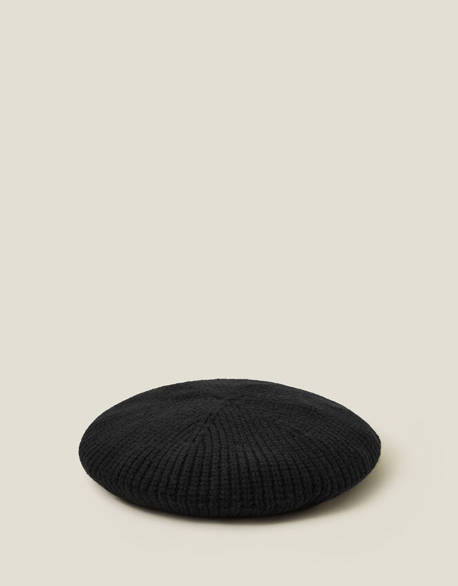 Ribbed Knit Beret, Black (BLACK), large