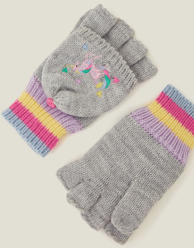 Girls Unicorn Fingerless Mitten Gloves, Grey (GREY), large