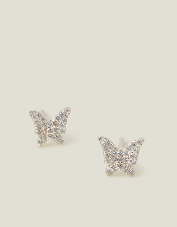 Sterling Silver Diamante Butterfly Stud Earrings, , large