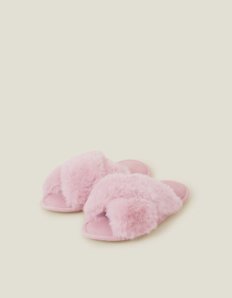 Luxe Cross Strap Faux Fur Slippers, Pink (PINK), large