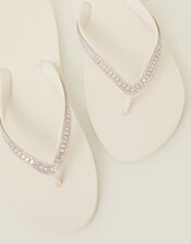 Crystal Embellished Flip Flops, Cream (CREAM), large