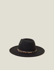 Belted Leopard Trim Fedora Hat, , large