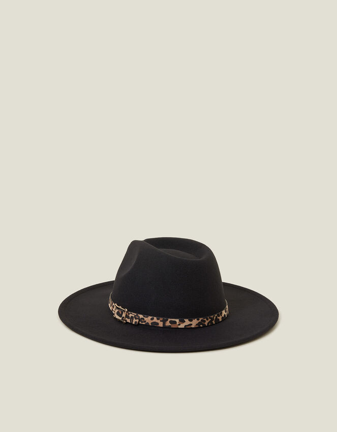 Belted Leopard Trim Fedora Hat, , large