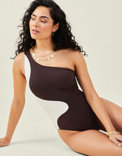 One-Shoulder Wavey Swimsuit, Brown (BROWN), large