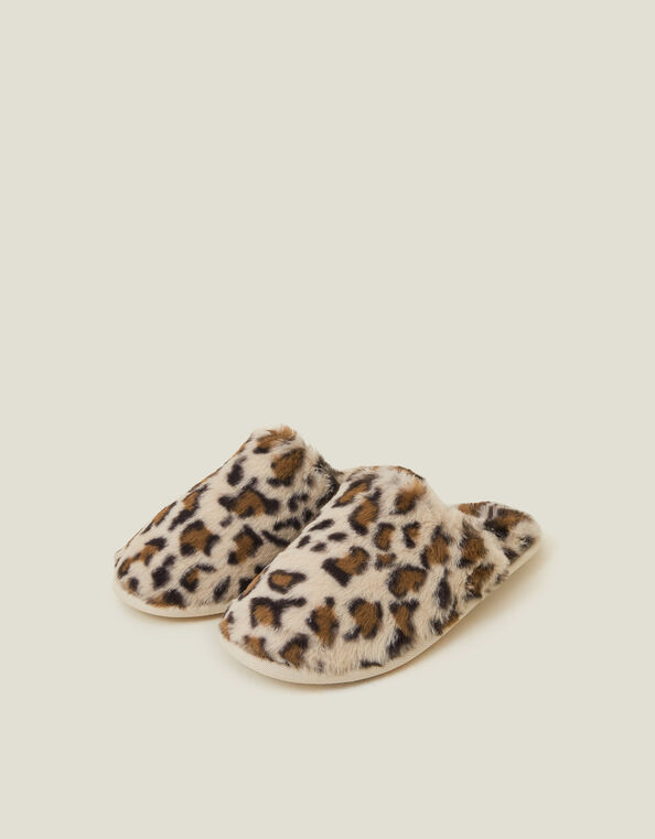 Faux Fur Leopard Print Slippers, Leopard (LEOPARD), large