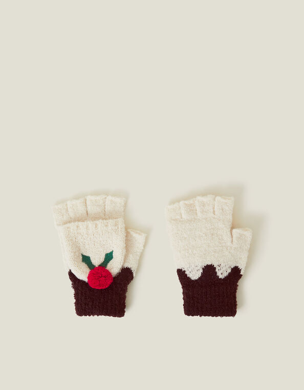 Christmas Pudding Fingerless Mitten Gloves, , large