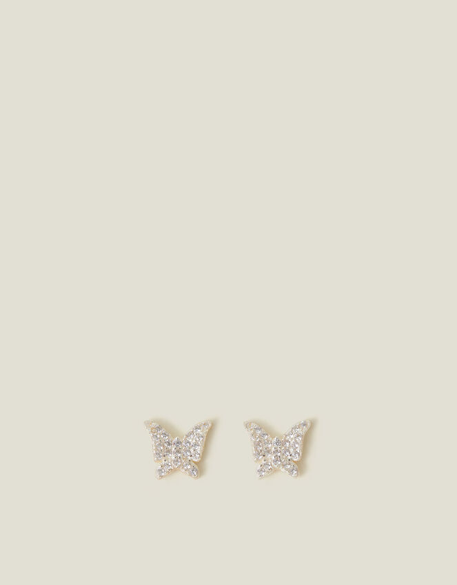 Sterling Silver Diamante Butterfly Stud Earrings, , large