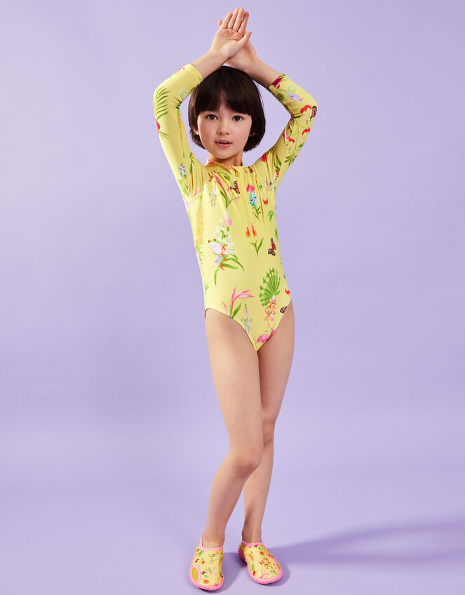 Girls Long Sleeve Floral Swimsuit, Yellow (YELLOW), large