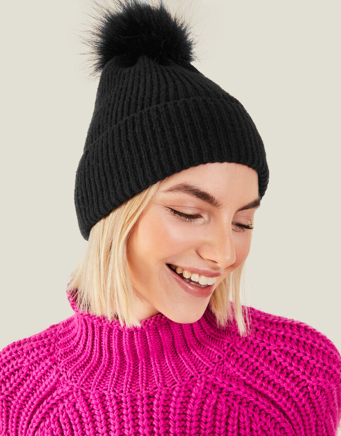 Knit Pom-Pom Beanie , Black (BLACK), large