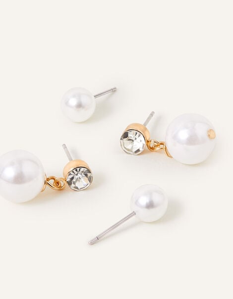 Tiny Pearl Stud and Short Drop Earrings Set of Two, Cream (PEARL), large