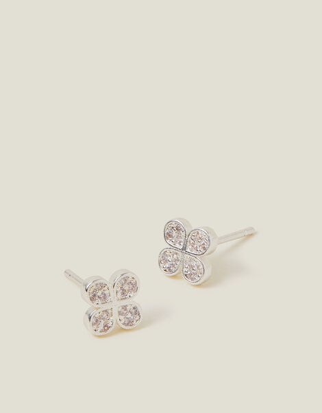 Sterling Silver-Plated Sparkle Flower Stud Earrings, , large