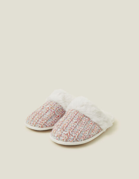 Faux Fur Knit Mule Slippers, Multi (PASTEL MULTI), large