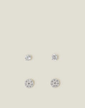 2-Pack Sterling Silver Diamante Stud Earrings, , large