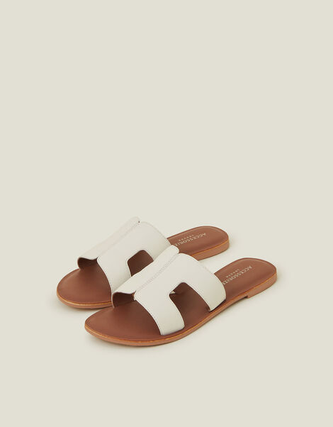 Cut Out Leather Slide Sandals, White (WHITE), large