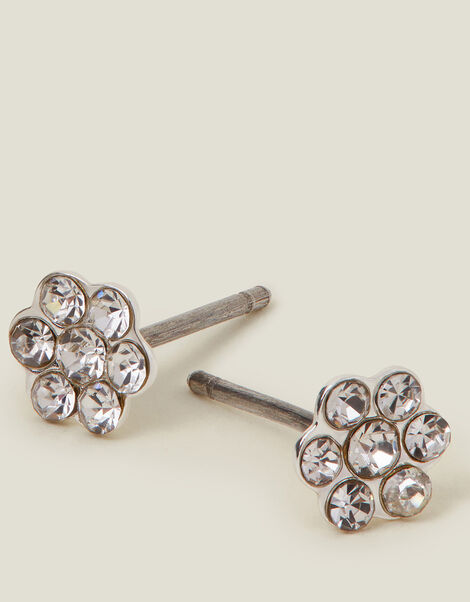 Sterling Silver-Plated Sparkle Flower Studs, , large