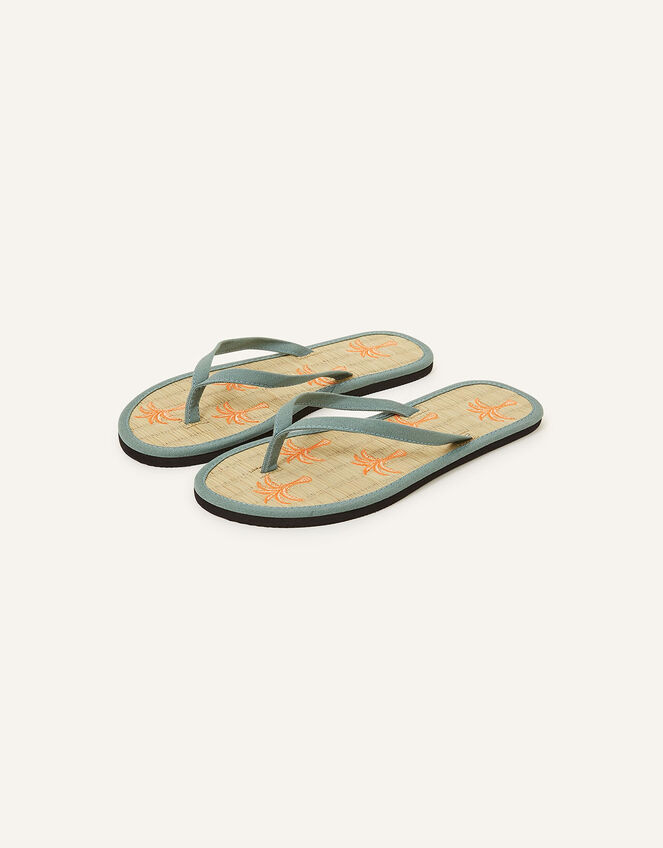 Palm Tree Embroidered Seagrass Flip Flops, Green (KHAKI), large