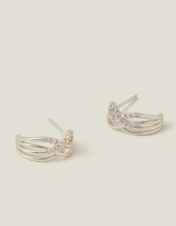 Sterling Silver-Plated Sparkle Weave Hoop Earrings, , large