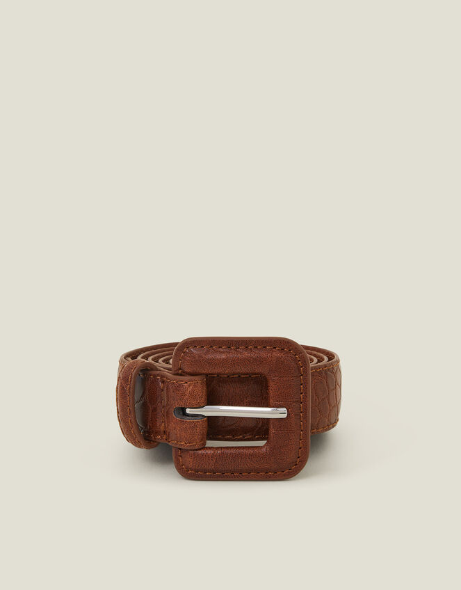 Faux Croc Square Buckle Belt, Tan (TAN), large