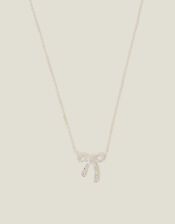 Sterling Silver-Plated Diamante Bow Pendant Necklace, , large