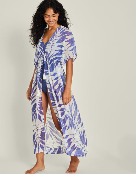 Palm Print Chiffon Maxi Kaftan Dress, Blue (BLUE), large