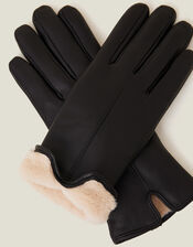 Faux Fur Lined Leather Gloves, Black (BLACK), large