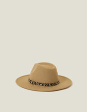 Belted Leopard Trim Fedora Hat, , large