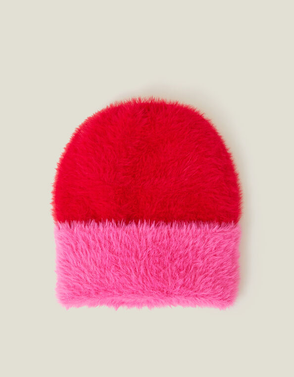 Colour Block Fuzzy Beanie Hat, , large