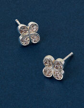 Sterling Silver-Plated Sparkle Flower Stud Earrings, , large