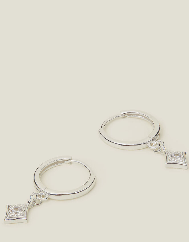 Sterling Silver Diamond Drop Hoops, , large