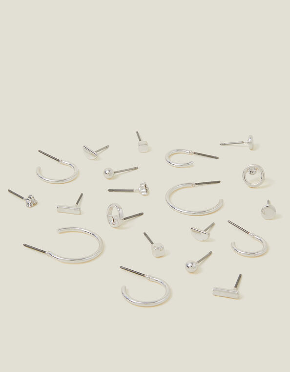 10-Pack Stud and Hoop Earrings, Silver (SILVER), large