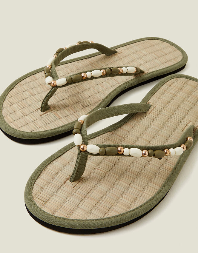 Beaded Seagrass Flip Flops, Green (KHAKI), large