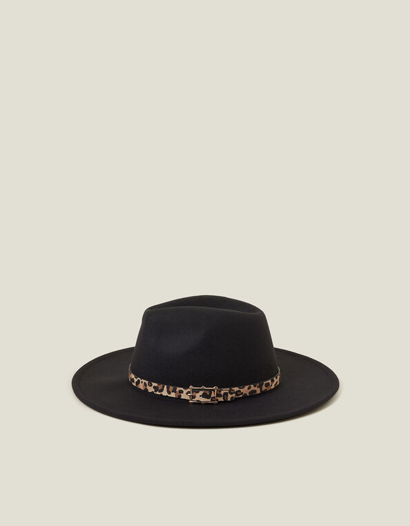 Belted Leopard Trim Fedora Hat, , large